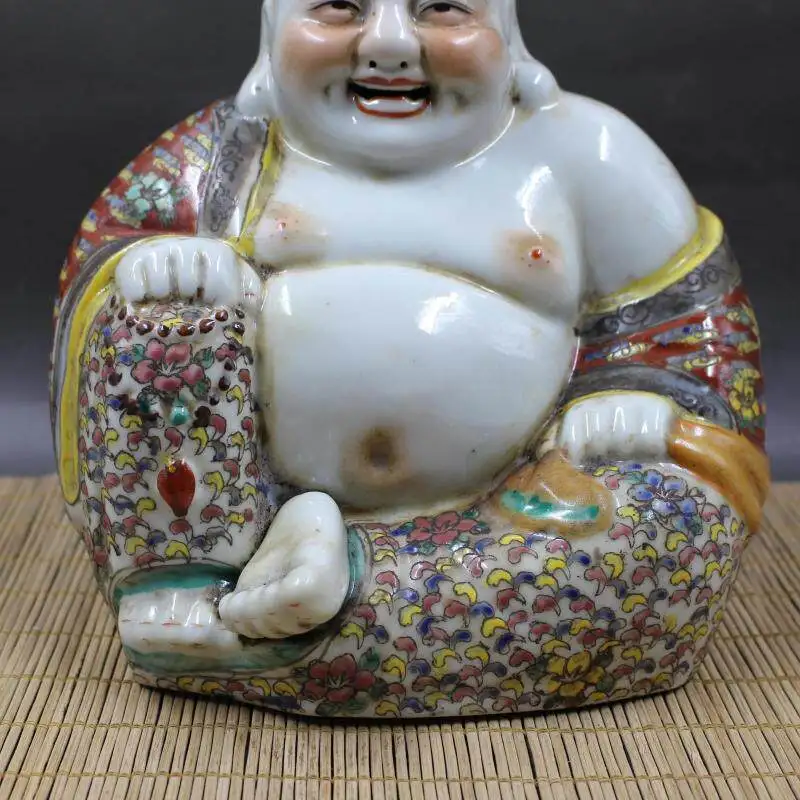 Vintage Handcrafted Famille Rose Maitreya Buddha Figurine Attract Wealth Ruyi Ornament Antique Porcelain Collectible view 2