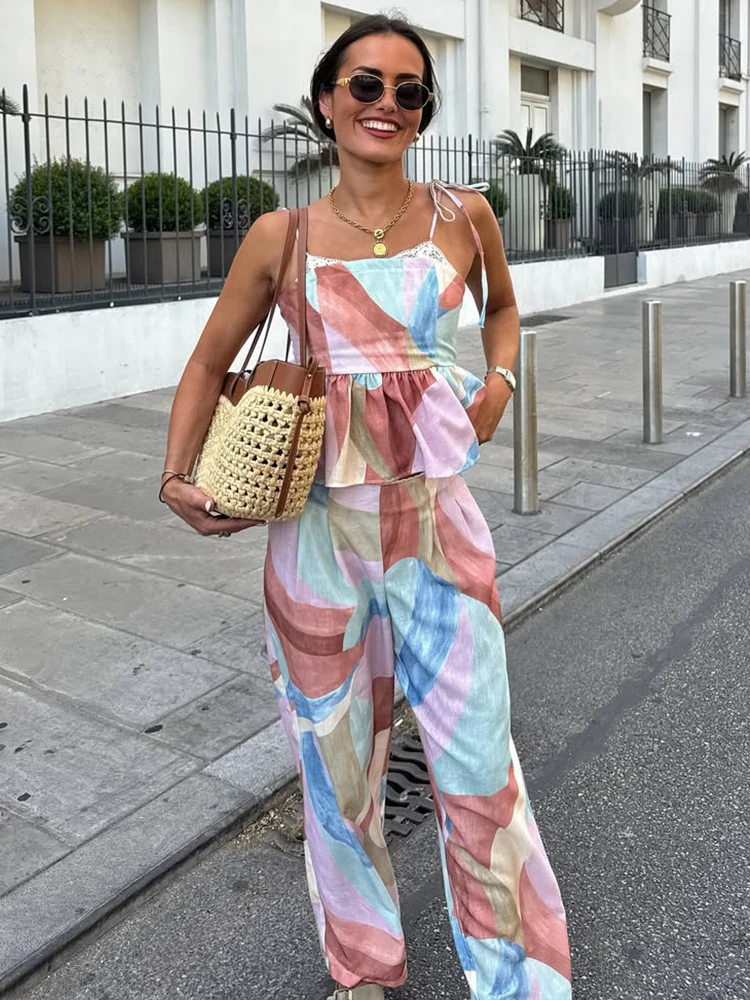 HH Fashion 2026 Summer Boho Printed Camisole Pants Set Women's Lace Lace-up Backless Top+ Lace Trim Wide Leg Pants 2 Piece Set