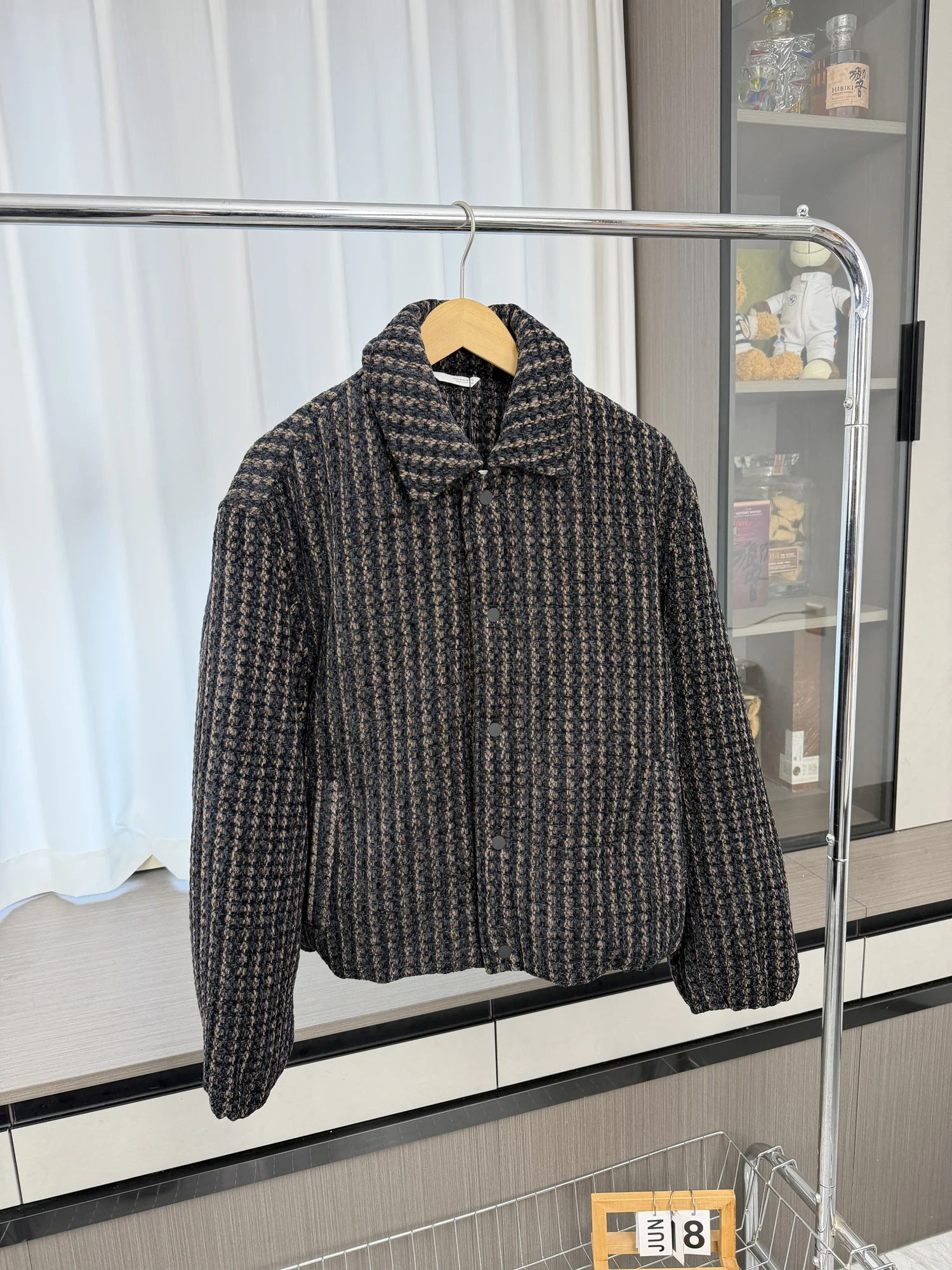 Men's Velvet Texture Jacket Short Cotton Coat Autumn Winter Plaid Pattern Casual Style Long Sleeve Flip Collar Outerwear