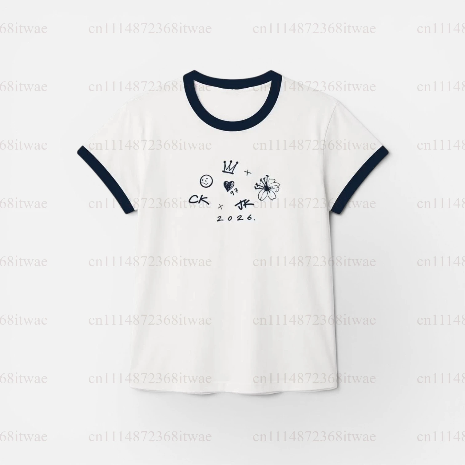 Contrast Color Ringer T‑Shirt For Ladies Crown Floral Sketch Print Crew Neck Short Sleeve Casual Cotton Daily Wear Tops