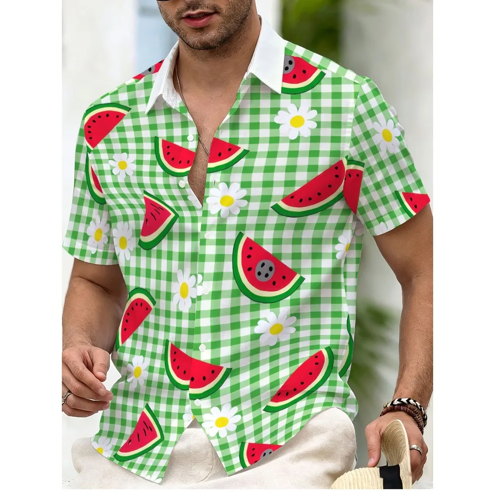 Men Beach Aloha Shirt Watermelon Slice Daisy Print Lapel Short Sleeve Casual Vacation Blouse