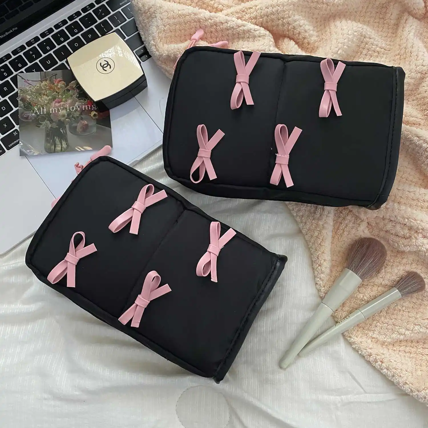 Portable Bow Makeup Bag Large Capacity Vertical Divided Compartment Toiletry Bag High‑Beauty Storage Pouch For Skincare Items