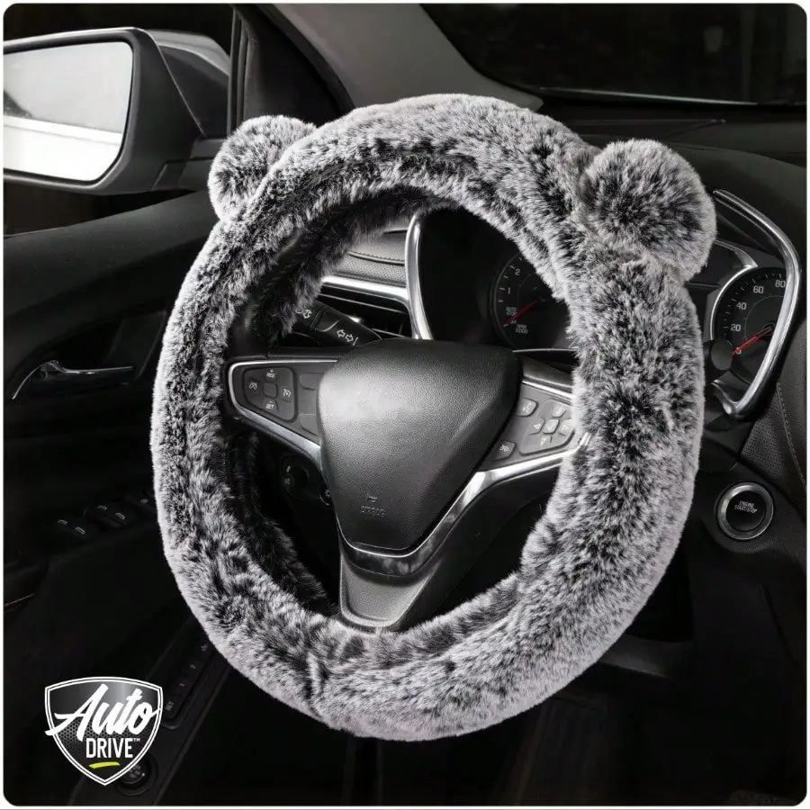 غطاء عجلة القيادة ذو آذان بوم رقيق باللون الرمادي، مصنوع من مادة ناعمة من القطيفة