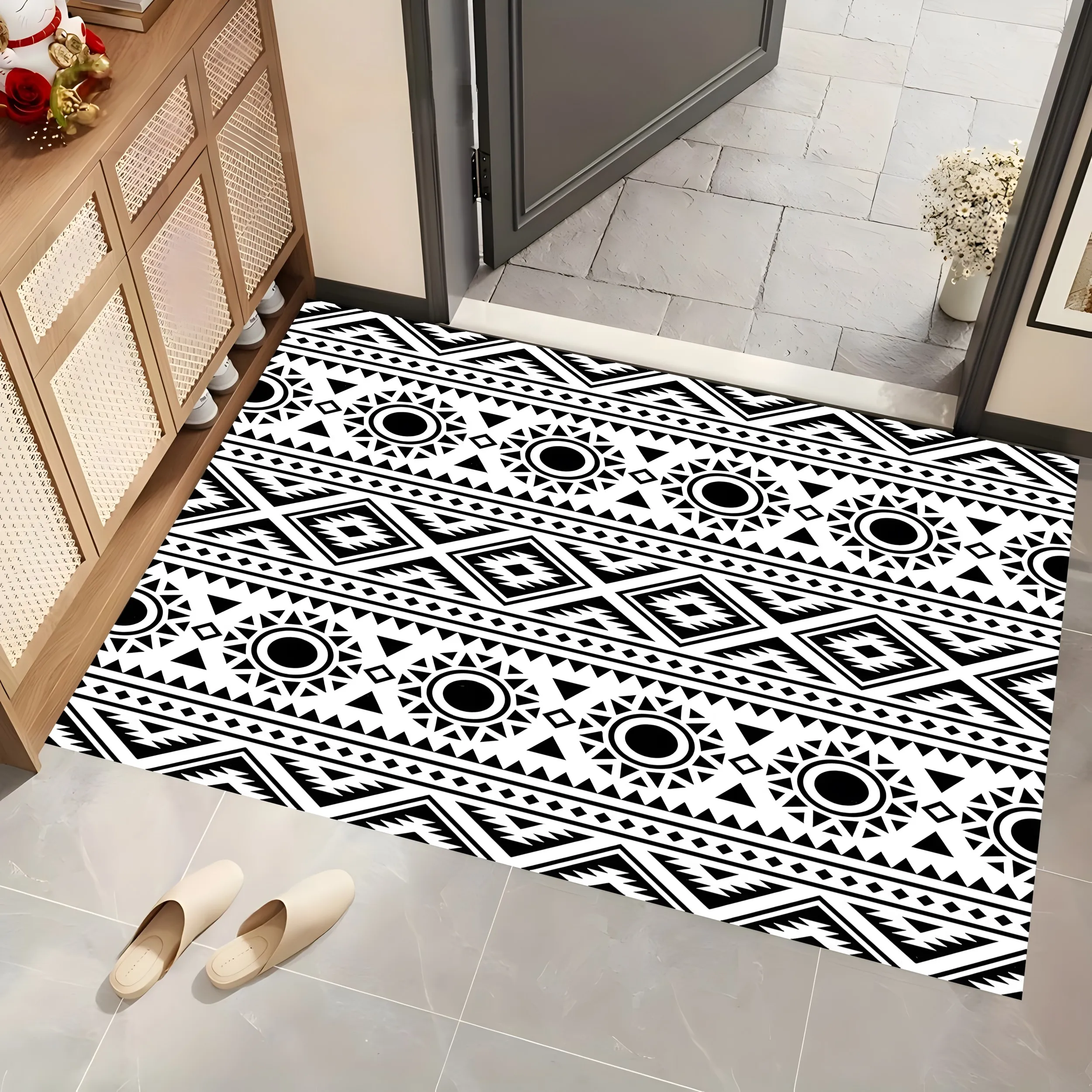Black White Geometric Totem Rug, Retro Ethnic Carpet for Living Room Bedroom, Home Decor