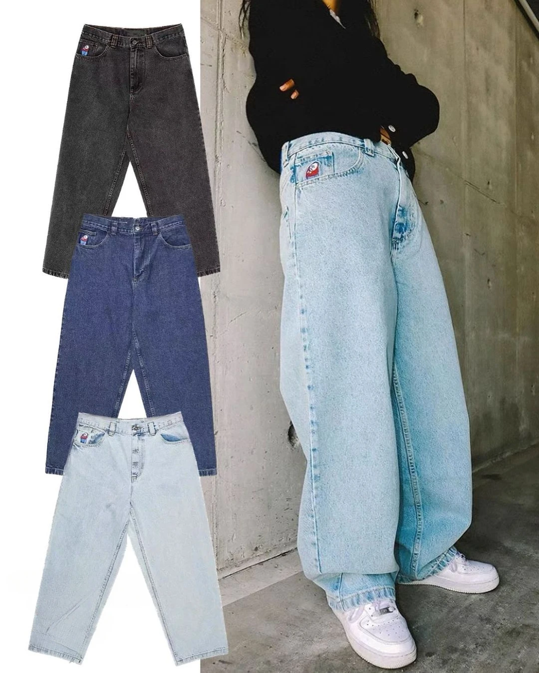 Big Boy Baggy Jeans Y2K Blue Jeans for Women High Waisted Slouchy Cartoon Graphic Embroidery Denim Trousers Vintage Streetwear