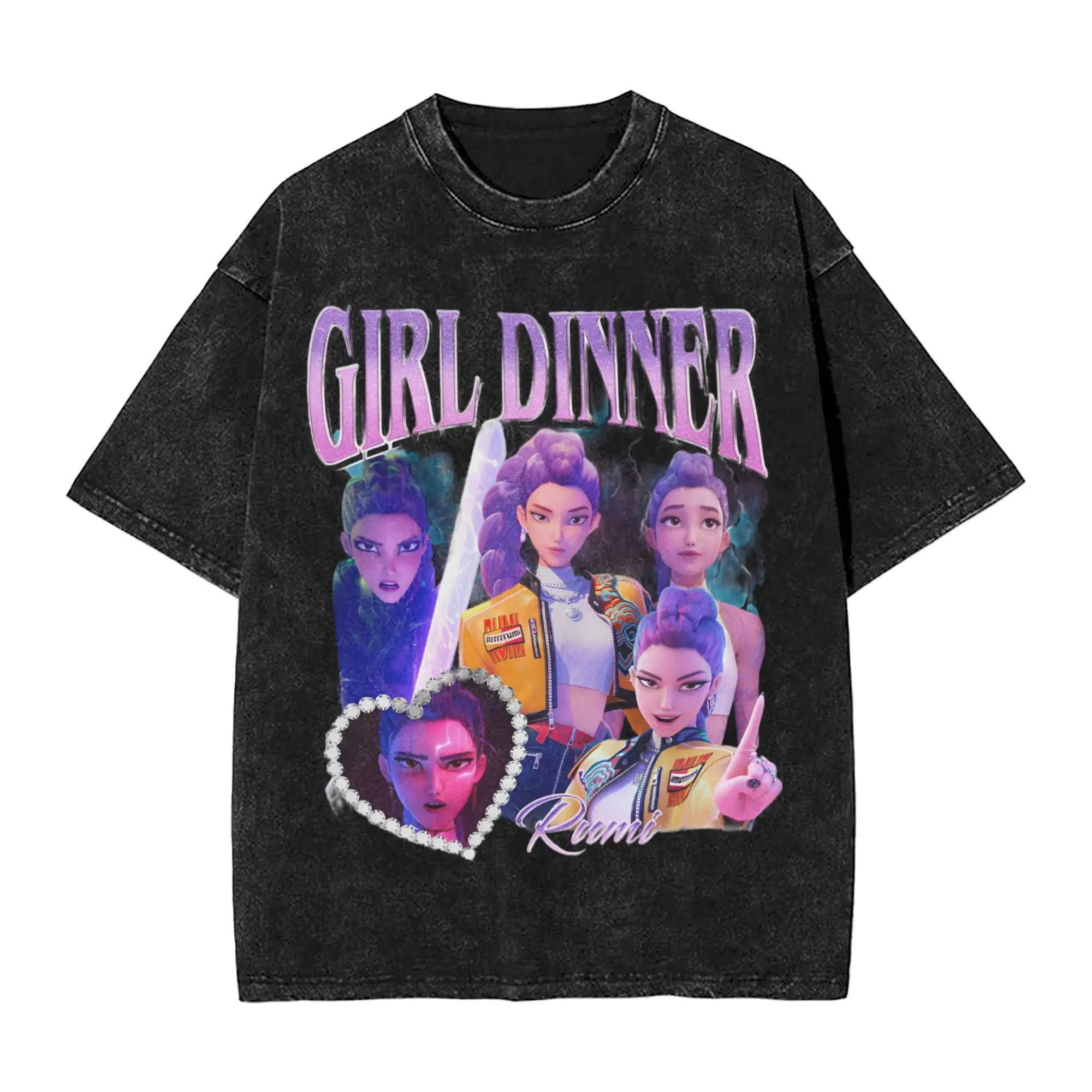 

2025 Kpop Demon Hunters Rumi Printed T Shirt Vintage Washed Puls Size T Shirt Casual Cotton Short Sleeve Tees Women Men Clothing
