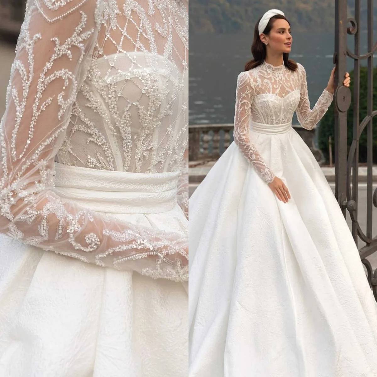 

Princess Sequins Bridal Gowns High Neck Long Sleeve Ball Gown Wedding Dresses Beadeds Vestidos De Novia Customized