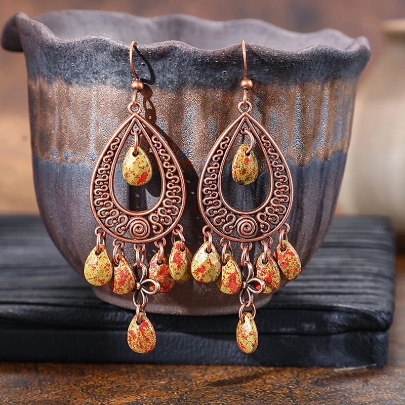 Vintage Bohemian Tassel Water Drop Earrings for Women Lady Bronze Color Hollow Dangle Earring Ethnic Female Jewelry