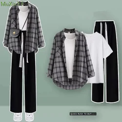 Women Spring Autumn Plaid Shirt White Short Top Pants 1 or 3 Piece Set Korean Lady Student Casual Blouse Trousers Outfits 2023