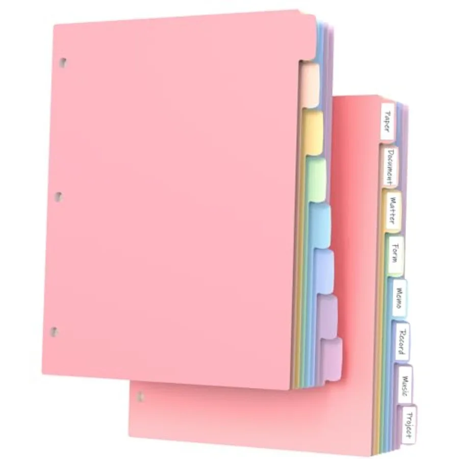 

8 Tab Binder Dividers Tabs, Plastic Dividers for 3 Ring Binder, 3-Hole Punched Index Dividers for Letter Size Paper, File Divid