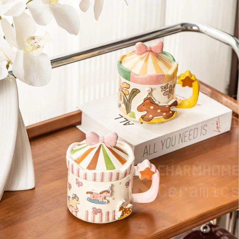 High Aesthetic Underglaze Color Ins Style Cartoon Graffiti with Lid Handle Mug Creative Carousel Flower/bow Coffee Cup