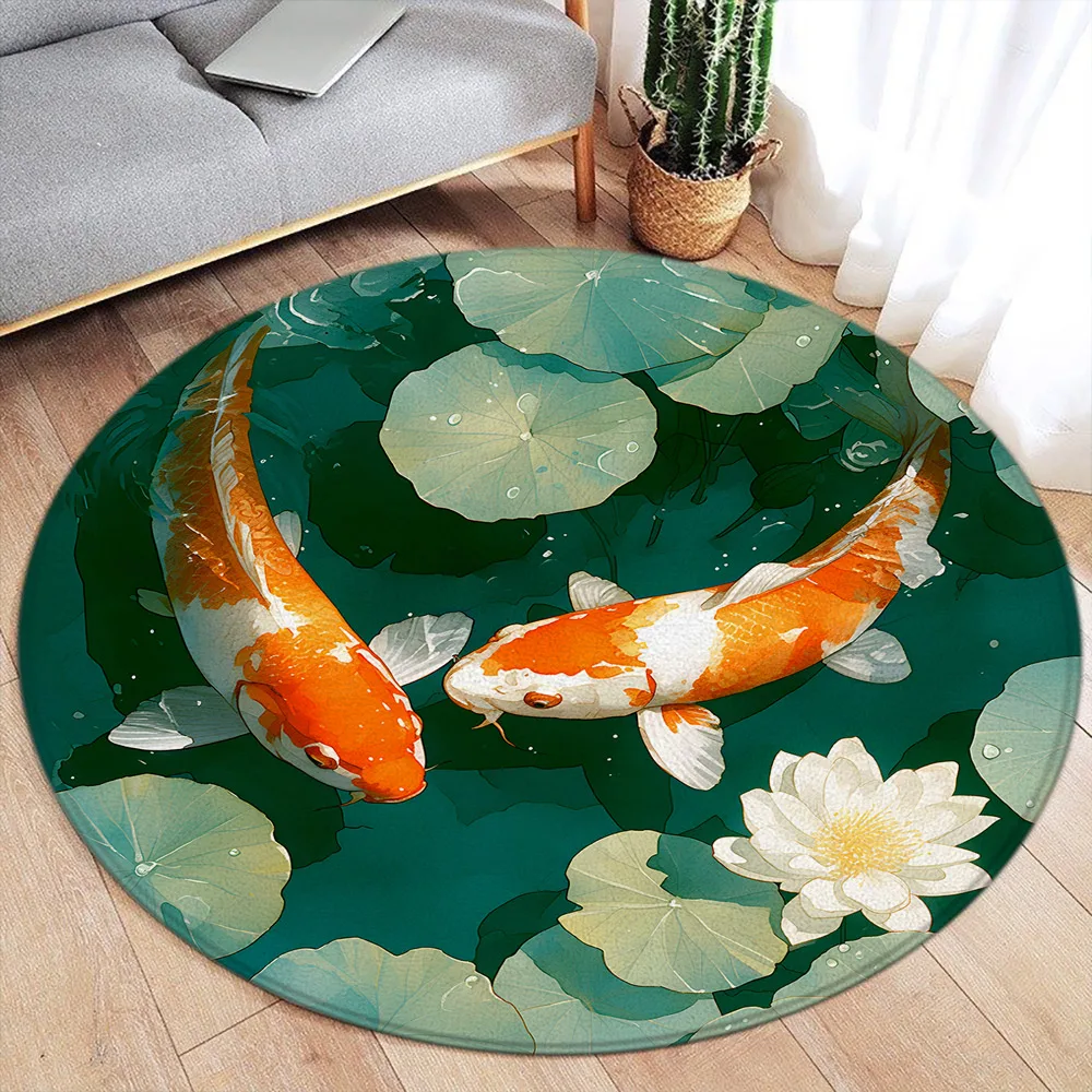 Koi Bliss Round Carpet Carp Print Home Decor Pong Lotus Leaf Summer Round Rug Happiness Bedroom Living Room Floor Mat Area Mat