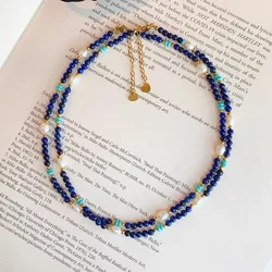 New Arrival Trendy 100% Natural Freshwater Pearl & Lazurite Stone 14K Gold Filled Female Beads Chain Necklace Jewelry For Women