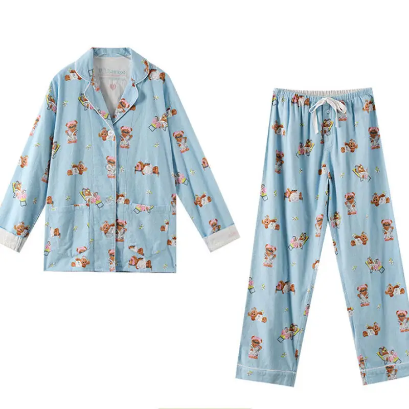

Soft Cotton Pajamas Women Autumn New Sleepwear 2Pcs Top Pant Long Sleeve Home Clothes Luxury Gift Lady Nightwear Print Pjs