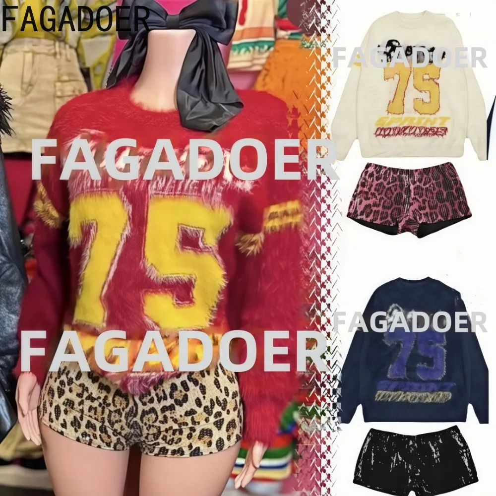 

FAGADOER Y2K American Vintage Letter Sweater Two Piece Sets Women Long Sleeve Loose Pullover And Sequin Leopard Shorts Outfits