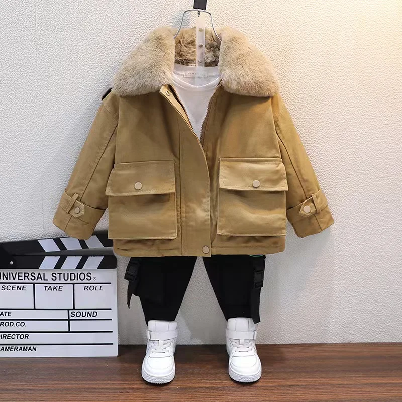 Boy's Autumn and Winter Coat Little Boy Foreign Style Male Treasure Plus Cashmere Parker Cotton-padded Trench Coat Tidal Clothes