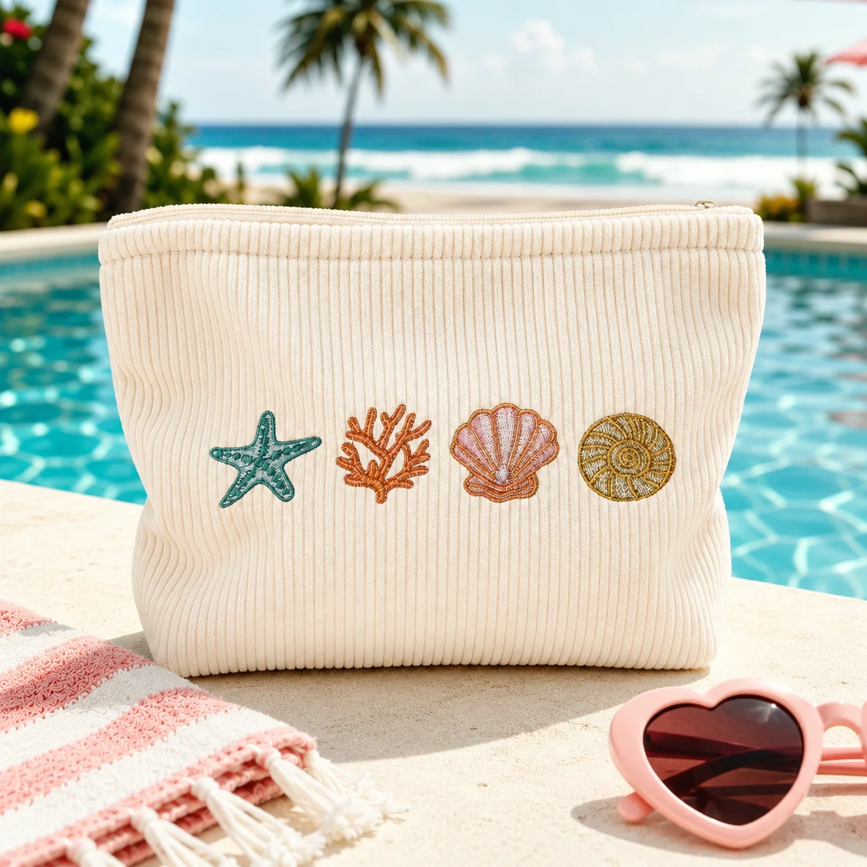Ocean Printing Cosmetic Bag Soft Corduroy Pouch Beach Travel Makeup Organizer Seashell Toiletry Bag Storage Case Zipper Bag