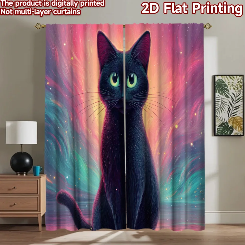 

2D flat printing 2pcs Curtain Black Cat Cosmic Dreamscape Digital Printed Polyester Drapes Seasonal Party & Holiday Decor