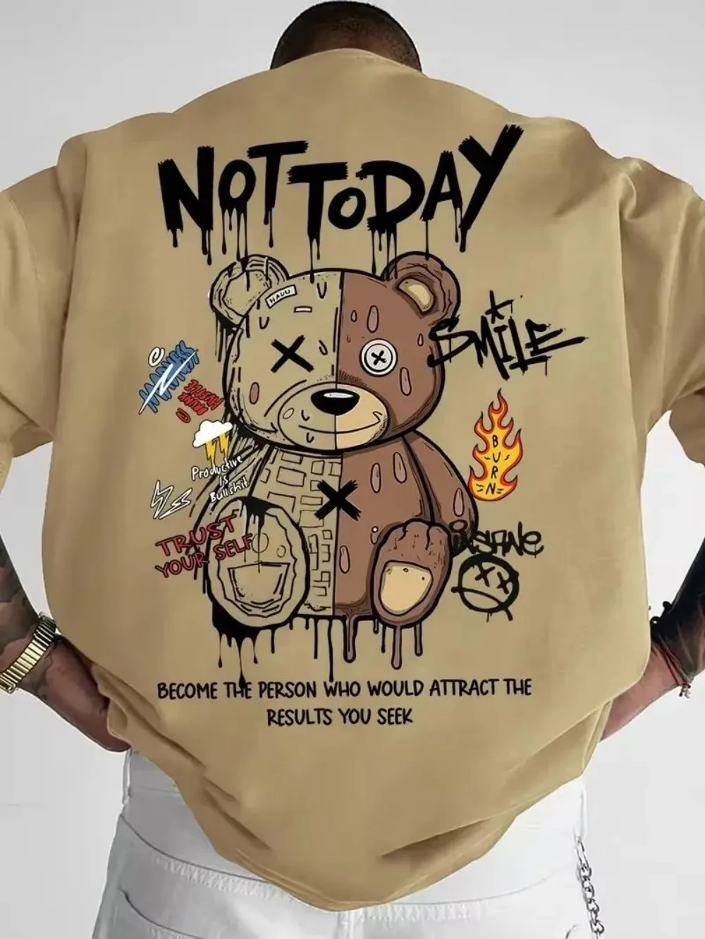 American Men's Summer Spliced Teddy Bear Letter Cherry Blossom Comfortable and Breathable Round Neck T-Shirt Outdoor Street Top