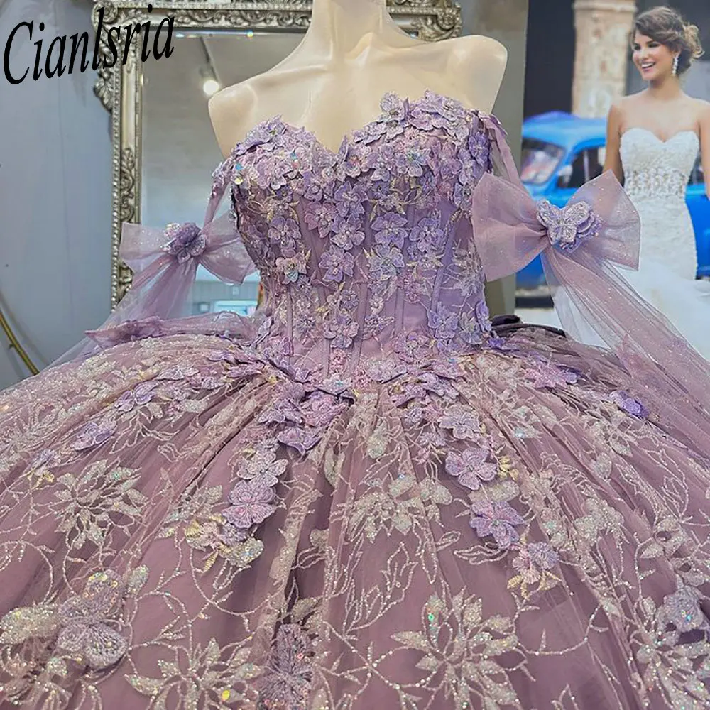 أرجواني قبالة الكتف مطرز الكريستال الكرة ثوب ، فستان Quinceanera ، 3D الزهور أشرطة القوس مشد ، XXV الملابس