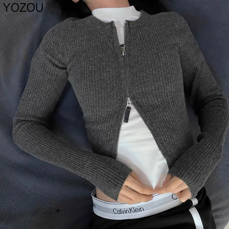 YOZOU Winter Autumn Wool Knitwear Gray Black Slim Bodycon Knitted Zip Up Cardigans Y2k Sweater Women Design Korean Simple Tops