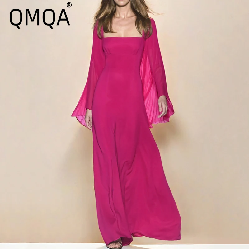 QMQA Fashion Women's Light Luxury French Rose Red Dress Square Neck Pleated High Waist Dresses 2025 Spring New Clothing 1A894