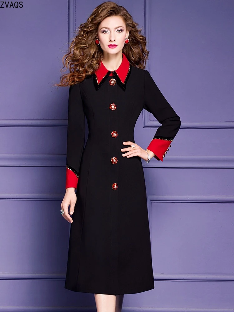 ZVAQS Dresses for Women Spring Thickened Black Shirt Dress Women High End Long Sleeve Beaded Slim Work Dress Женская Одежда