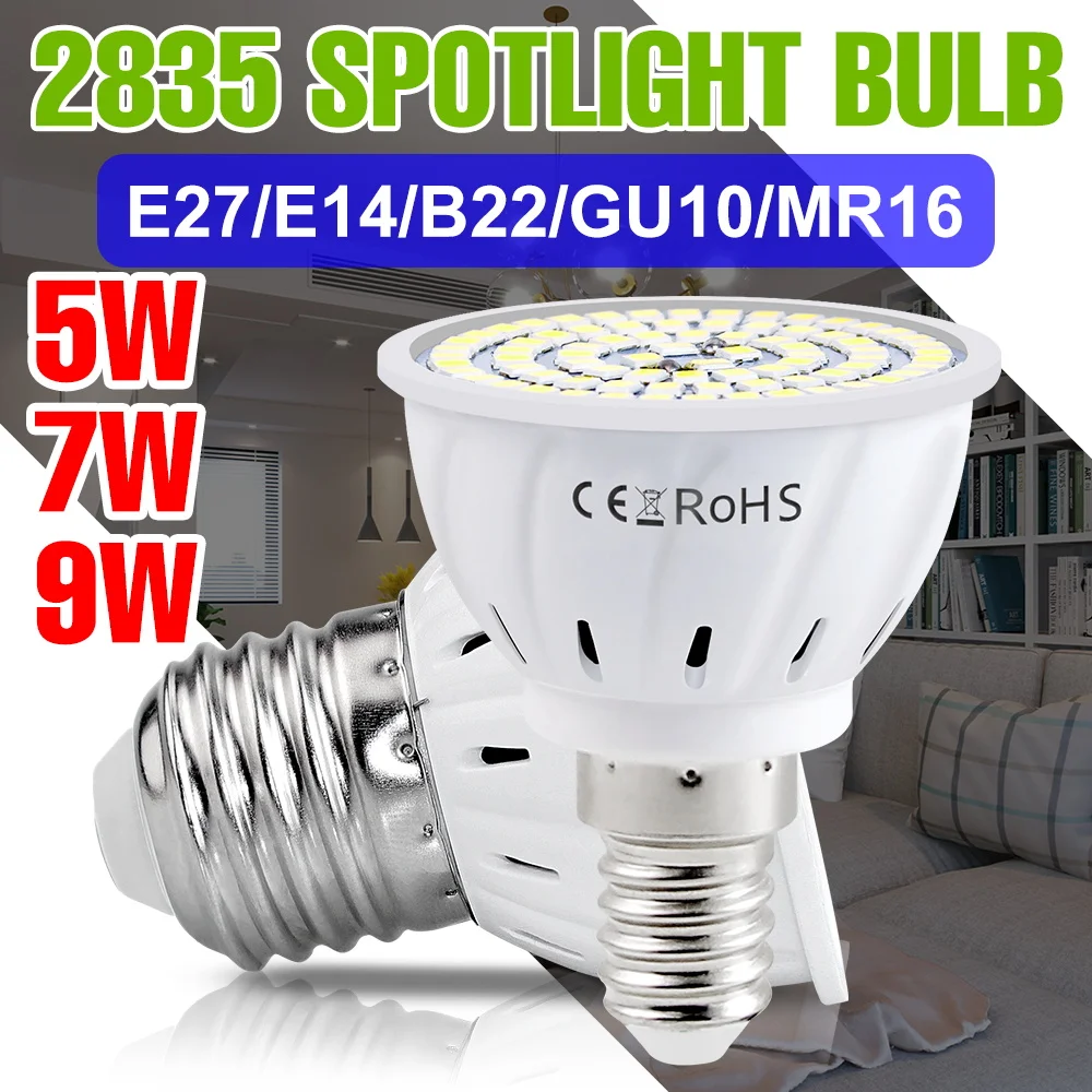 

Светодиодная лампа 9 Вт, 220 В, точечный светильник для помещений, потолочные лампы E27, лампа-кукуруза E14, встраиваемый светильник GU10, B22, люстра GU5.3, домашнее ночное освещение