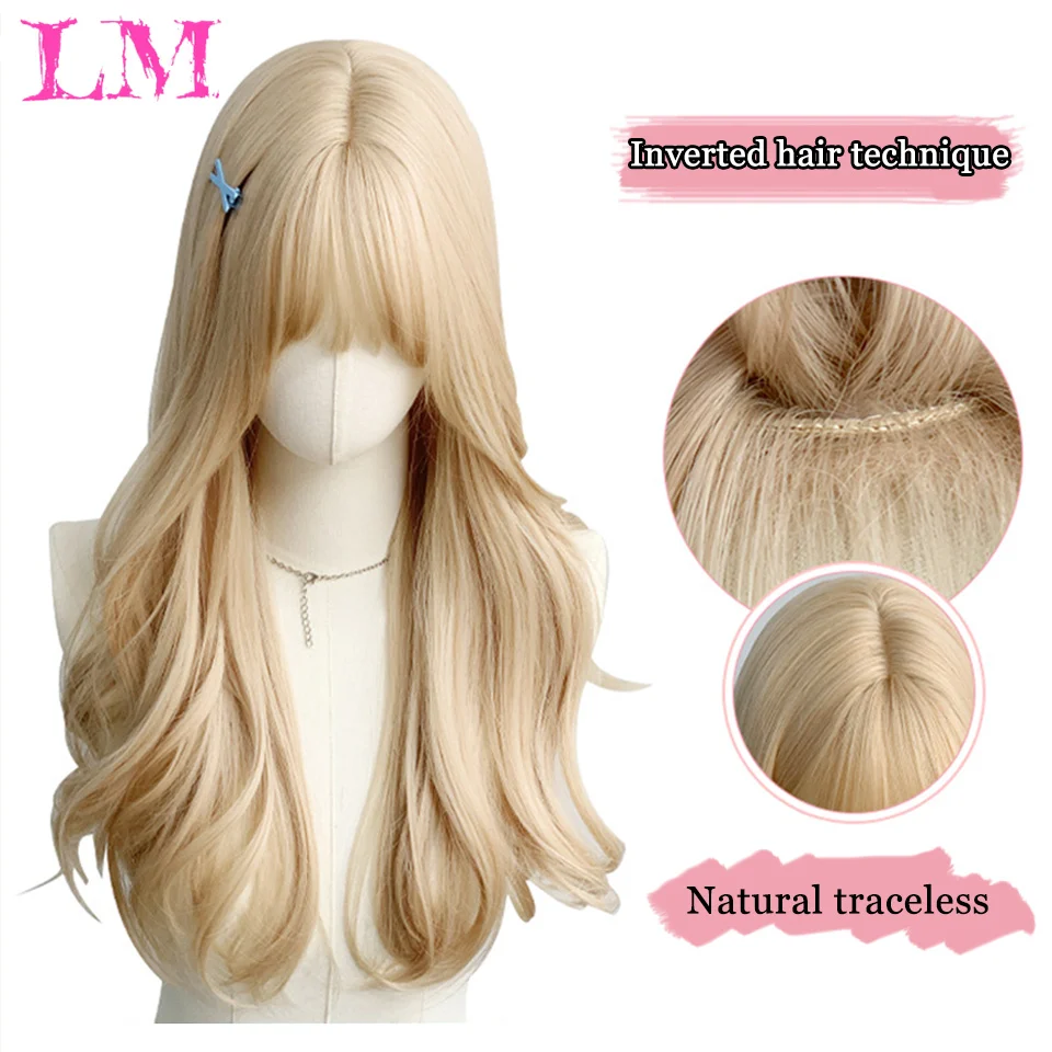 LM Long Wave Wig Women Wig with Bangs Blonde Cospaly Lolita Daily Party Syntetyczne peruki Włókno termoodporne Naturalne sztuczne włosy