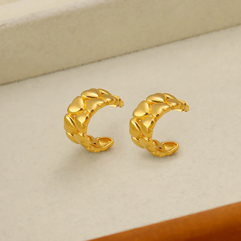 DIY accessories French three-dimensional love peach heart earrings 18K gold-plated stainless steel heart splicing C-shaped earri