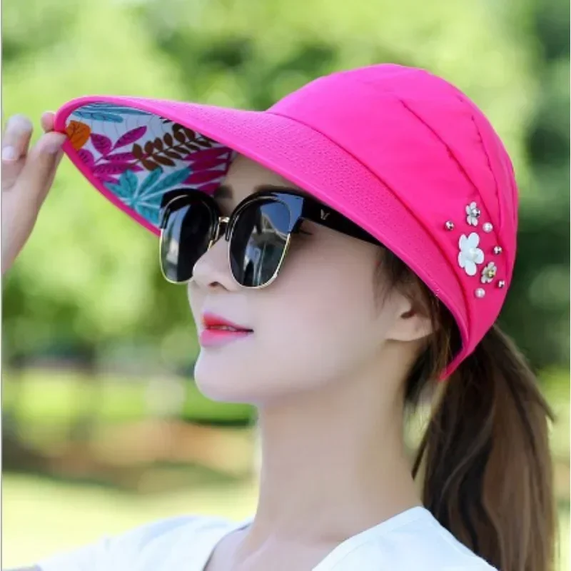 Summer Hats for Women Foldable Sun Hat Pearl Flower Visor Suncreen Floppy Cap Female Outdoor Casual Baseball Cap Hat for Woman