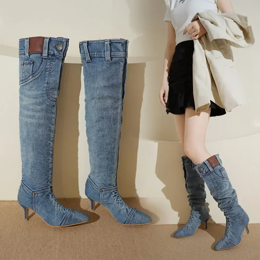 Thigh High Boots 2024 Vintage Denim Boots for Women with Slim Heels Pointed Toe Long Boots Womens Shoes Jean Shoes for Women