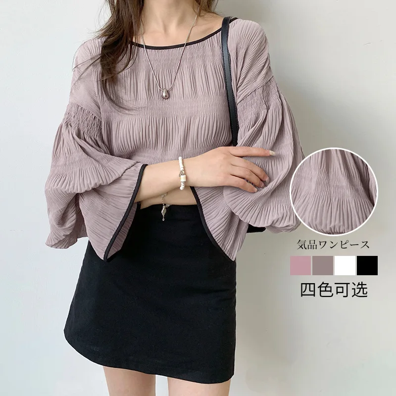 일본 라쿠텐 인스 루즈 플리츠 플레어 슬리브 쉬폰 블라우스