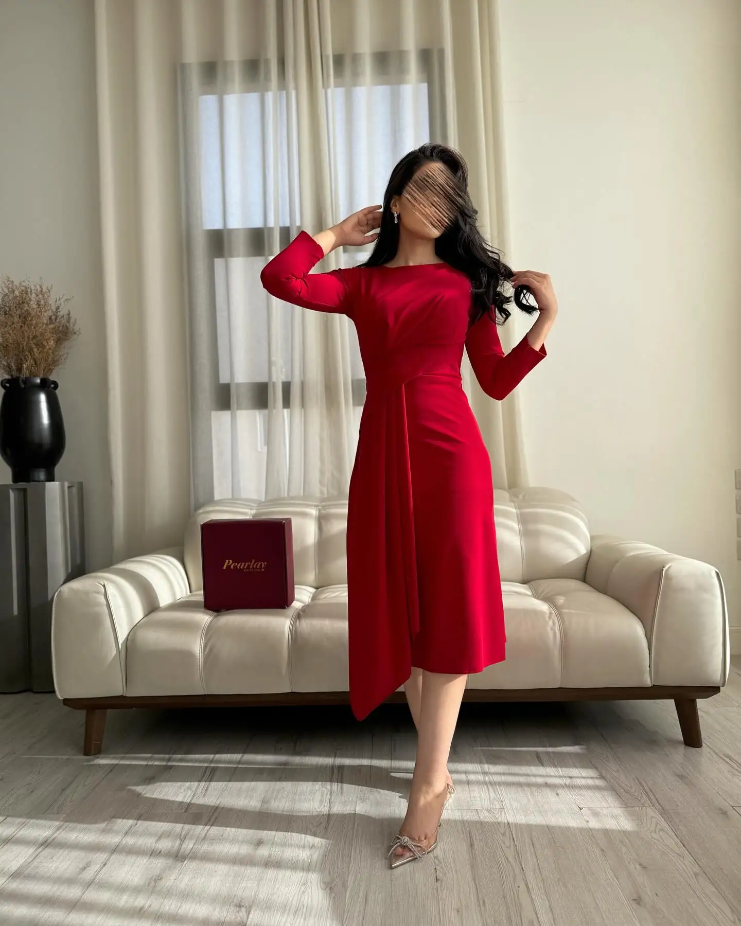 

Customized Jersey A-Line Evening Dress O-neck Tea Length Long Sleeves Red High Quality Vestidos de fiesta Saudi Arabia 2024