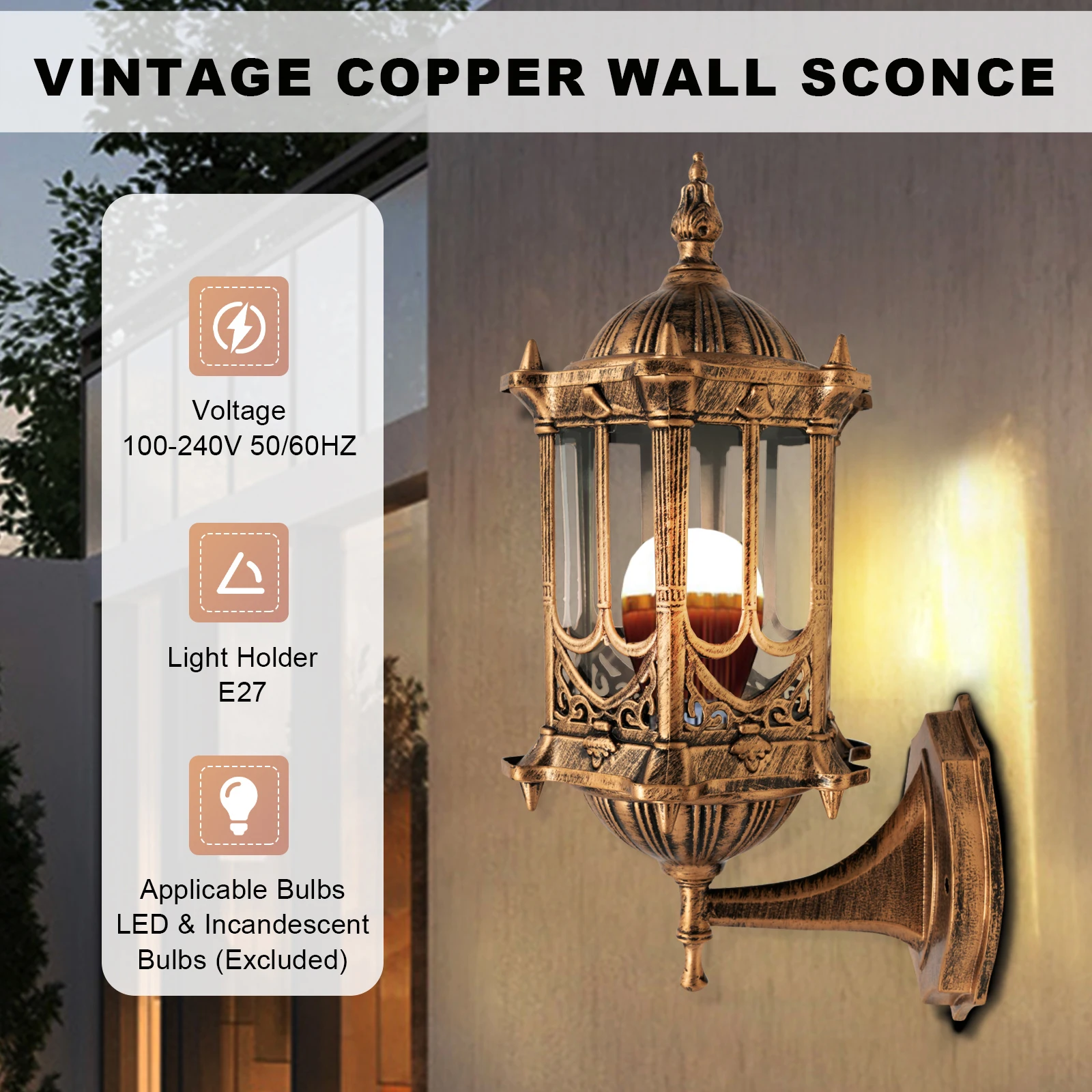 فانوس إضاءة حائط خارجي عتيق، IP44 تركيبات شمعدان نحاسية مقاومة للماء لباب فناء حديقة الشرفة
