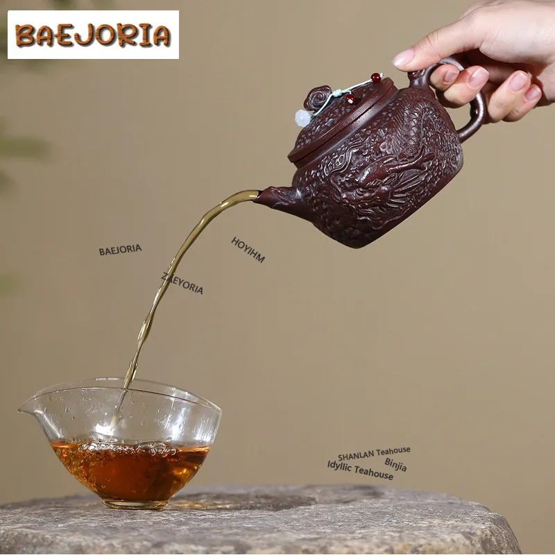 BAEJORIA 360ml Yixing Purple Clay Teapots Handmade Dragon Grain De Bell Pot Raw Ore Antique Brass Mud Kettle With Infuser Zisha
