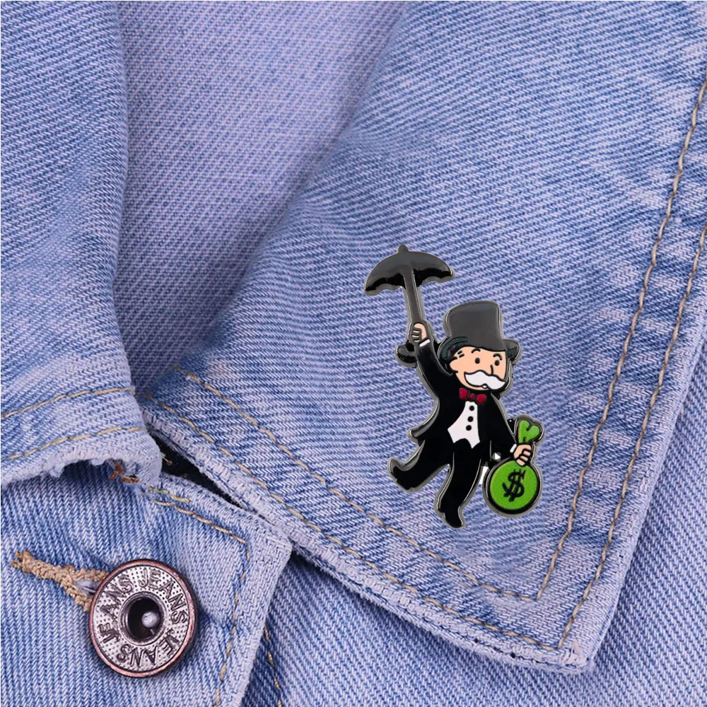Insignia de tío sosteniendo un bolso de dinero, broche de Mr Monopoly, accesorios de colección periférica de juego, Pin esmaltado, Collar, joyería, regalo para seguidores