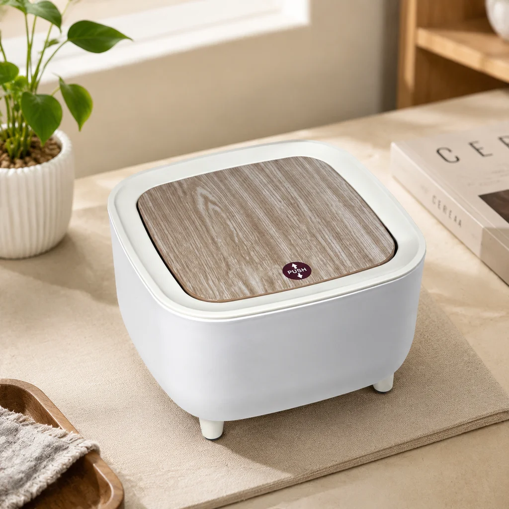 Mini Square Tabletop Trash Can With 4 Support Legs, Wood‑grain Press‑top Lid Plastic Waste Bin, Indoor Countertop Garbage Bucket for Home & Office