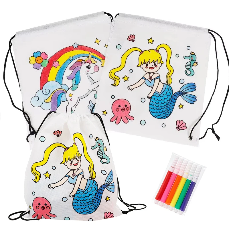 2~12set Drawstring Backpacks With Coloring Designs Non-woven Students Office Educational Supplies Tutorial Book Storage Bag TMZ