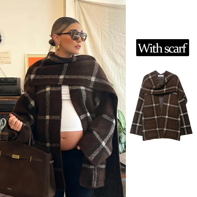 

HH 2025 Autumn Female High Street Brown Windbreaker Plaid Long Sleeves Scarf Collar Cardigans Vintage Texture Long Coats