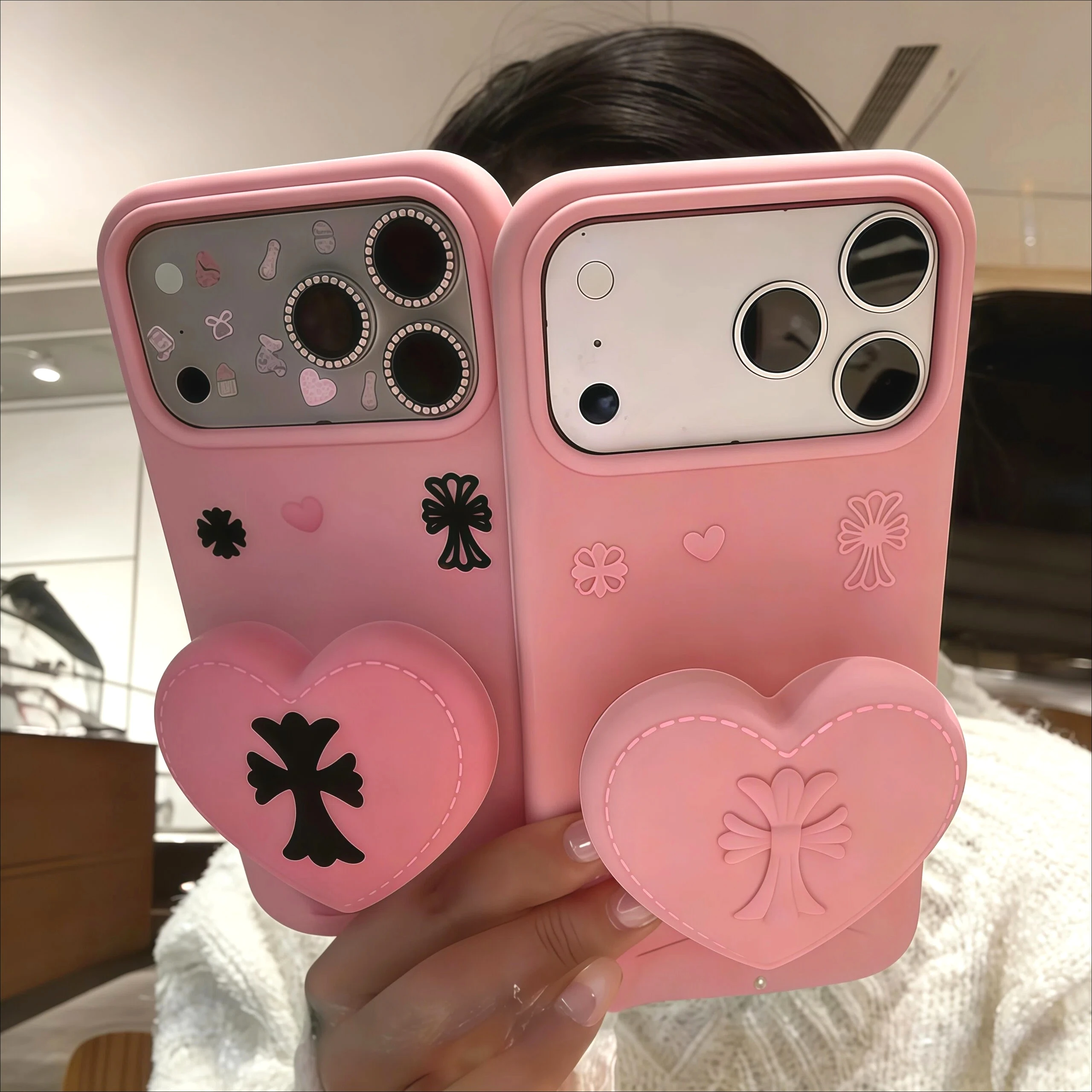 Funda de teléfono con soporte de corazón cruzado estilo INS para iPhone 17 16 15 14 13 12 Pro Max 16 Plus 17 Pro, funda trasera dulce y fresca a prueba de golpes