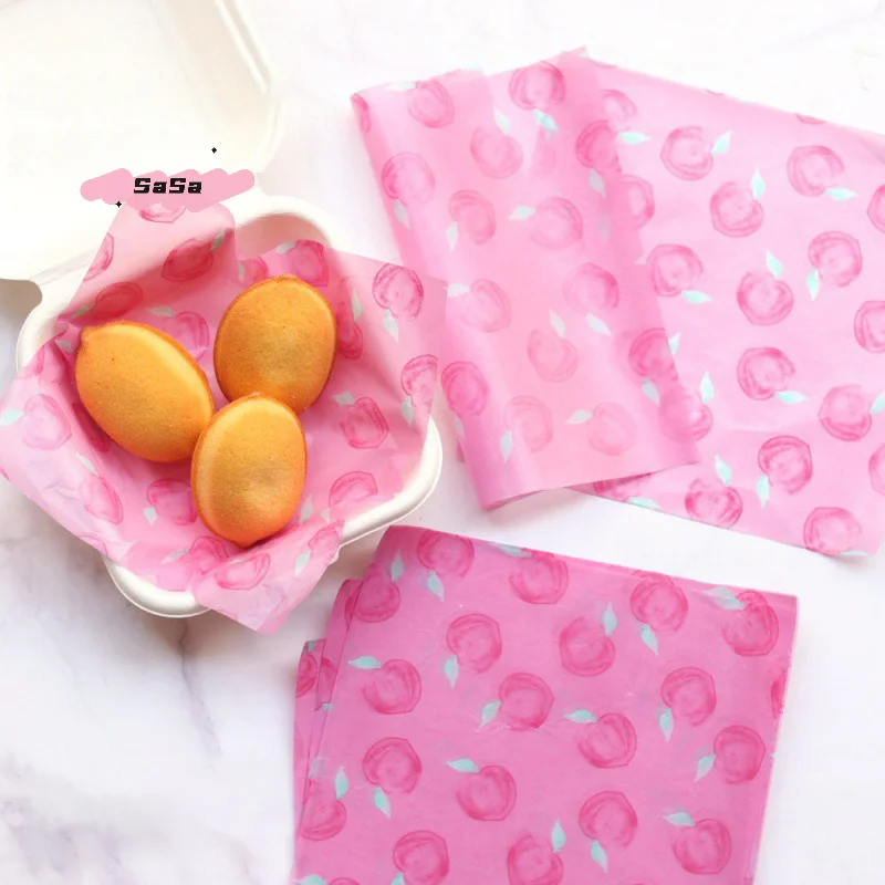 50Pcs Food-Grade Baking Wax Paper Strawberry Floral Pattern Non-Stick Squares for Cake Burger Chips Wrapping