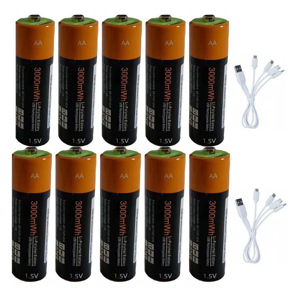 10PCS ZNTER 3000mWh 1.5V AA rechargeable lithium battery USB lithium polymer battery with type-C interface charging cable