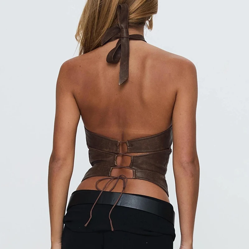 SUCHCUTE Elegancki Top typu Halter z Imitacji Skóry z Okrągłym Dekoltem, Seksowny Bezrękawnik Damski, Punkowy Top na Ramiączkach z Sznurowaniem, Estetyczne Stroje