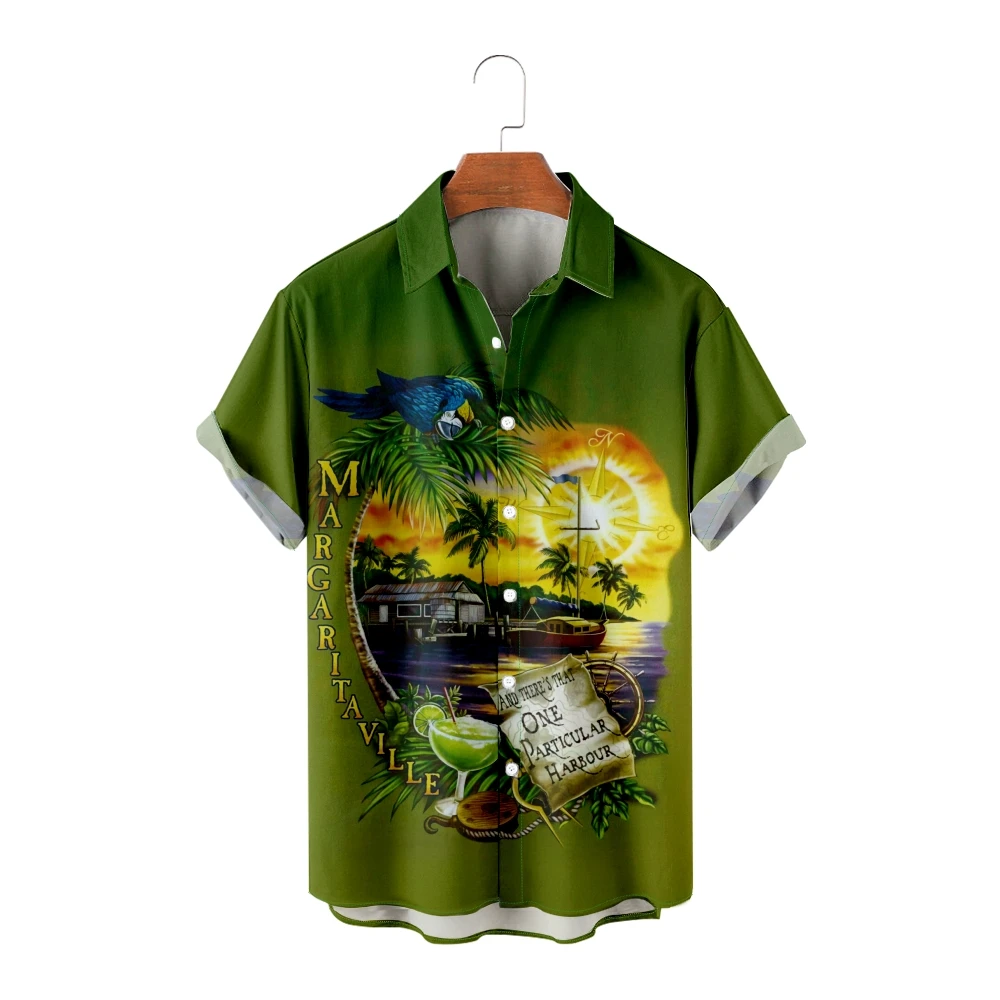 

Hawaiian Shirts for Men Green Print Parrot Tops Short Sleeve Summer Beach Vacation Shirt Breathable