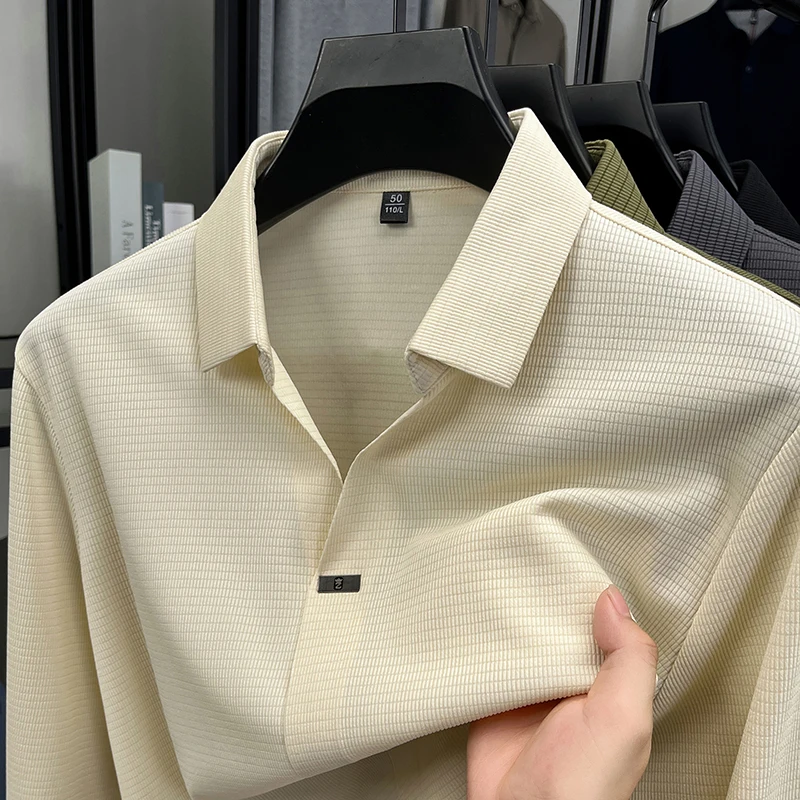 

Роскошная мужская длинными рукавами рубашка-поло новая высококачественная однотонная модная v-образным вырезом корейском стиле Личность принтом футболка