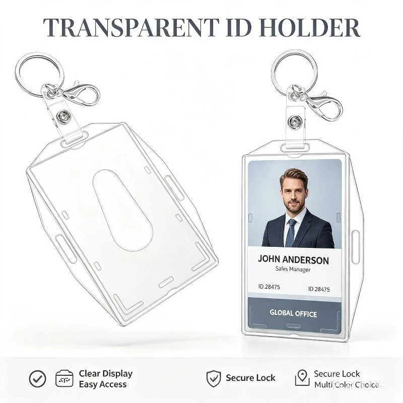 1 Set Transparent ID Pass Card Holder with Keyring Badge Sleeve Working Permit Case Office Staff Nurse Credit Card Protector