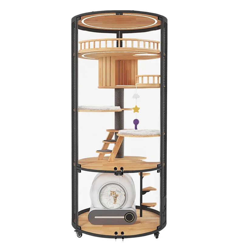 

Solid wood cat villa large luxury indoor cat cage with round panoramic nest four seasons solid wood pet house cabinet