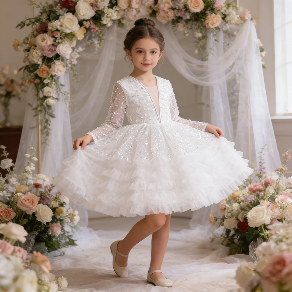 White Costume for Girls Puffy Dress Long Sleeve Sequin Evening Dress Girl Princess Dress Gown Flower Girl Wedding Dress Birthday