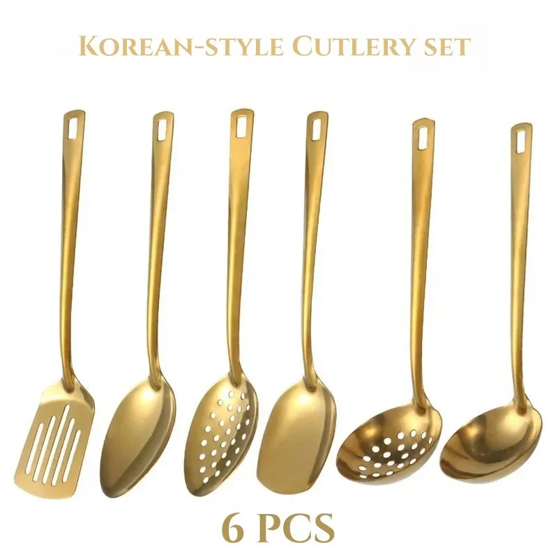 6pcs Korean-style Hot Pot Cutlery Set Stainless Steel Dinnerware Set Home Creative Korean Cutlery Golden spoons Kitchenware Set